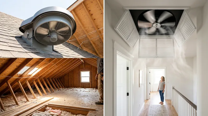 Side-by-side comparison of an attic fan and a whole house fan