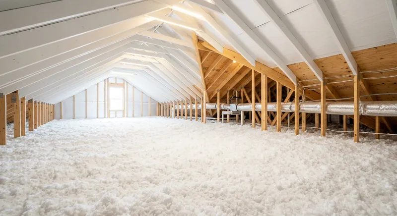 Insulation installer applying spray foam to roof rafters in an unvented hot climate attic