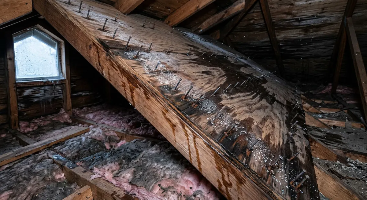 Attic interior showing condensation and moisture damage on roof decking and insulation