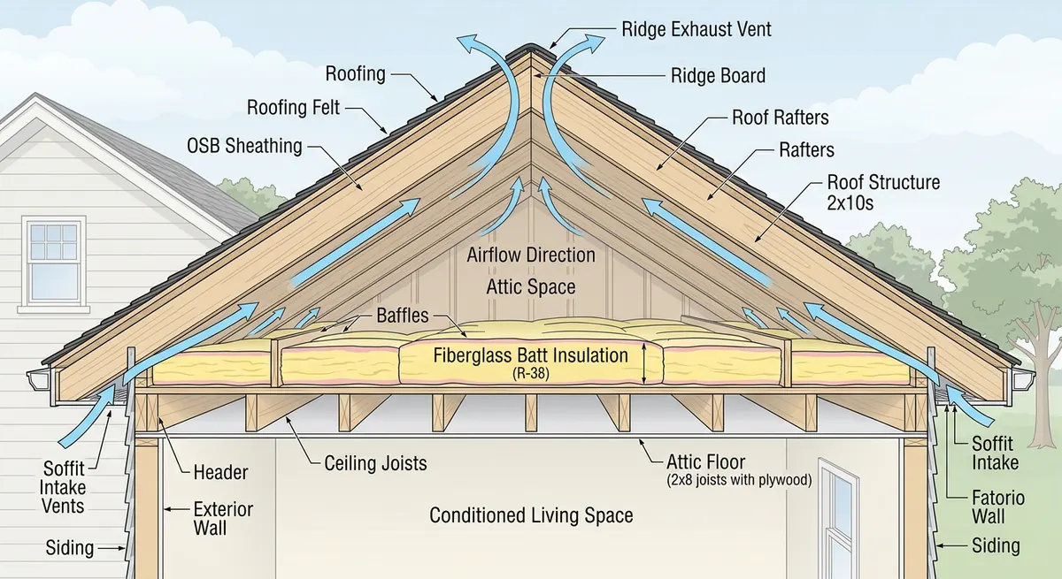 Attic ventilation diagram showing soffit intake vents and ridge exhaust vents