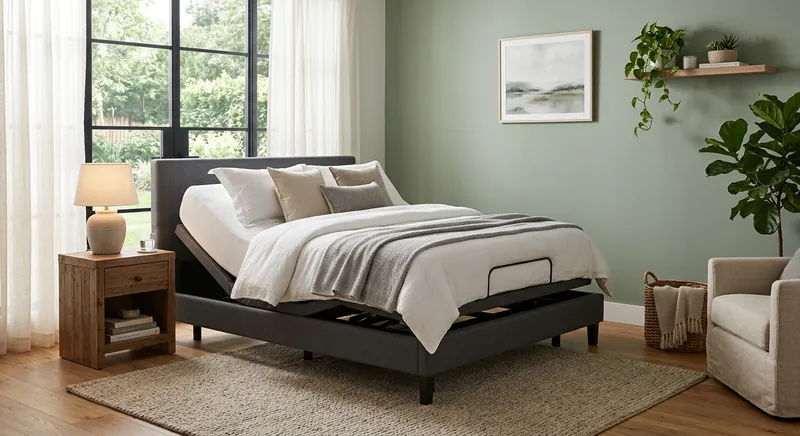 Adjustable bed frame in a bedroom with the head raised and a remote control on the nightstand