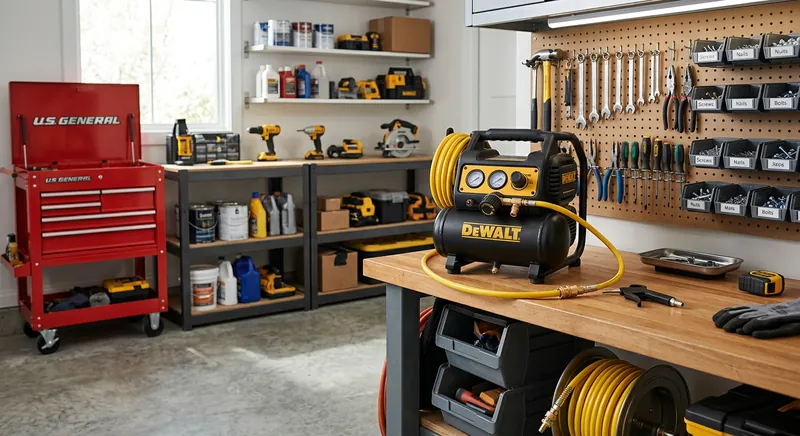Pancake air compressor powering a brad nailer on a workbench