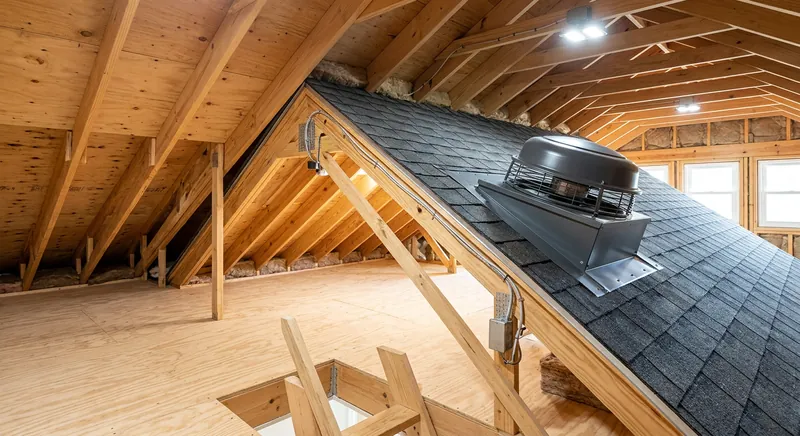 Solar powered attic ventilation fan mounted on an asphalt shingle roof