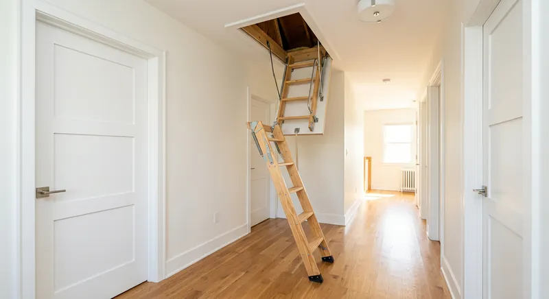 Wooden attic ladder installed in a hallway ceiling
