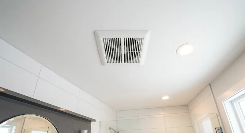 Bathroom exhaust fan with integrated light installed in a ceiling