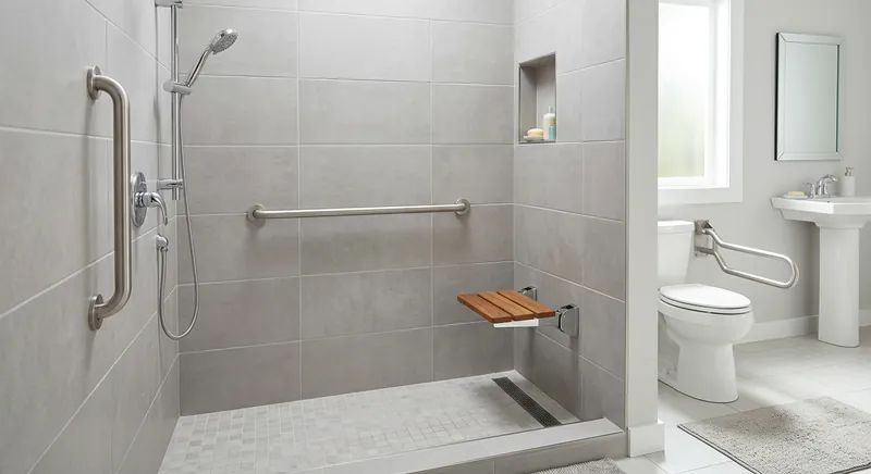 Stainless steel knurled ADA compliant grab bar installed securely on a tiled shower wall