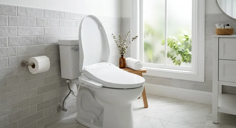 Electric bidet toilet seat with remote control installed on a standard toilet