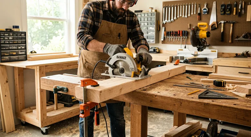 Circular saw making a straight cut along a straight edge guide on plywood