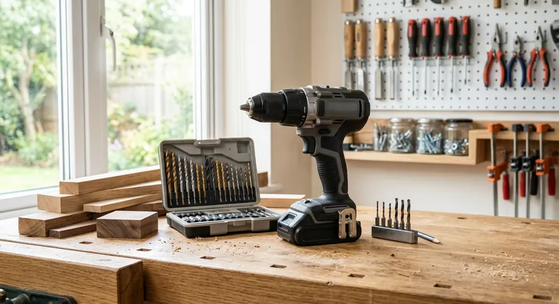 Cordless drill being used on a wooden workbench