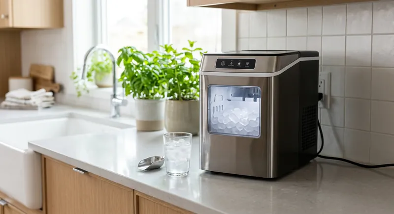 Countertop ice maker producing ice on a kitchen counter