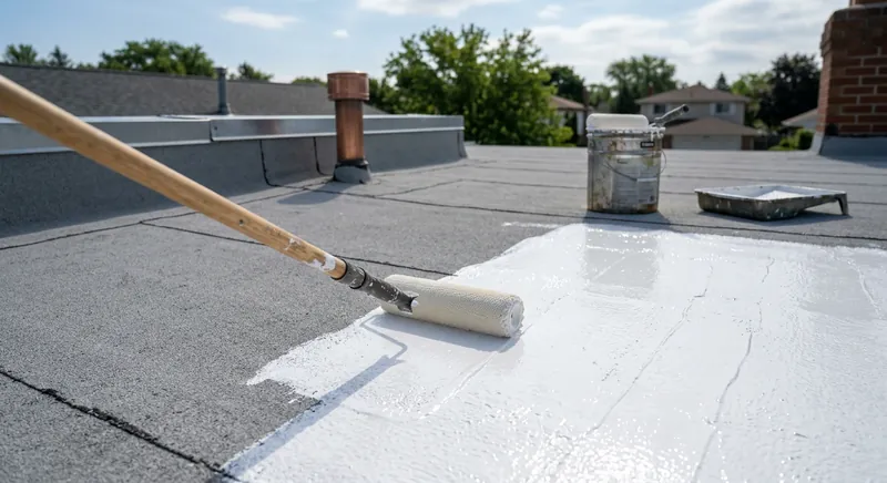 White reflective liquid roof coating being rolled onto a flat residential roof