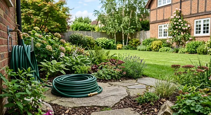 Garden hose watering plants on a residential patio and lawn