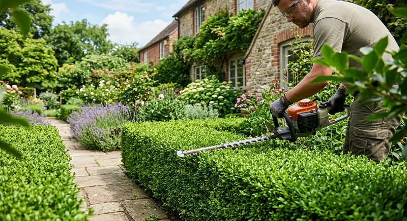 Hedge trimmer shaping a tall residential shrub hedge