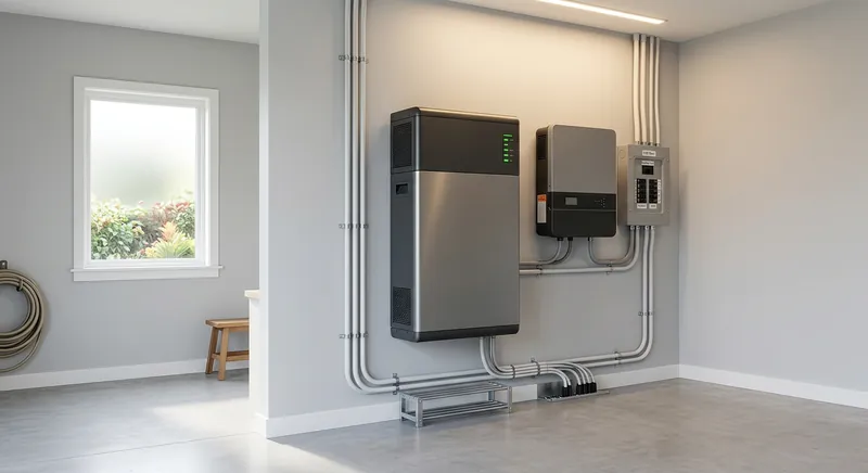Home battery backup system mounted on a garage wall near an electrical panel