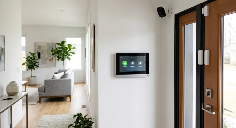 Home security system control panel mounted on a wall near a front door
