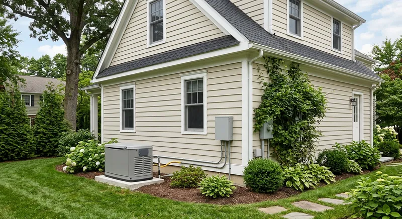 Installed whole home standby generator with sound enclosure and concrete pad outside a residence