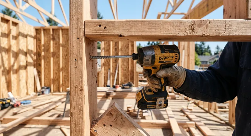 Impact driver driving a long screw into a wooden deck board