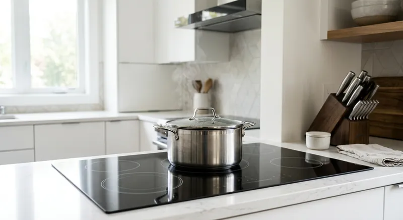 Induction cooktop with four burners on a kitchen counter