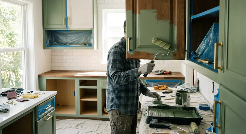 Kitchen cabinets painted with a smooth white cabinet enamel finish