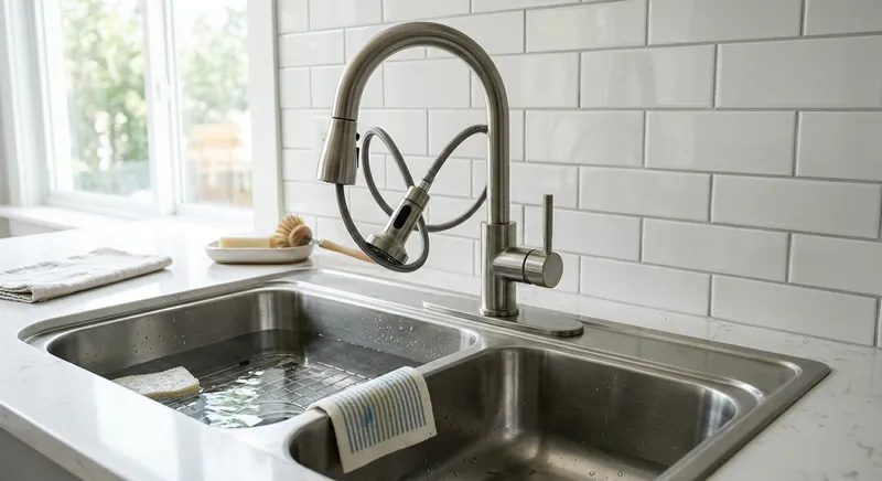 Modern pull-down kitchen faucet installed over a stainless steel sink