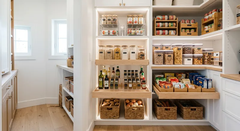 Organized kitchen cabinets with pull-out shelves and drawer dividers