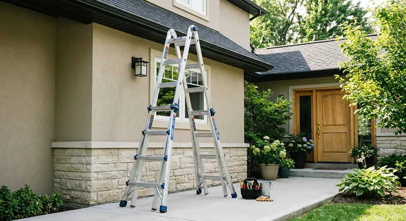 Homeowner safely using a fiberglass step ladder for exterior home maintenance