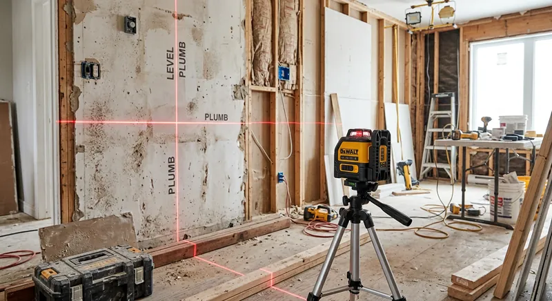Laser level projecting a horizontal line on a wall during installation