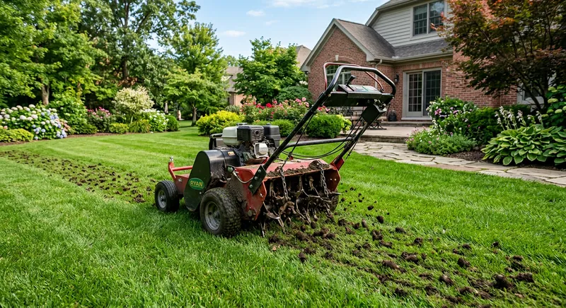 Lawn aerator pulling soil cores from a residential lawn