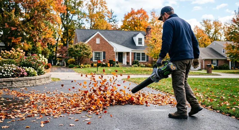 Leaf blower clearing fallen leaves from a residential driveway