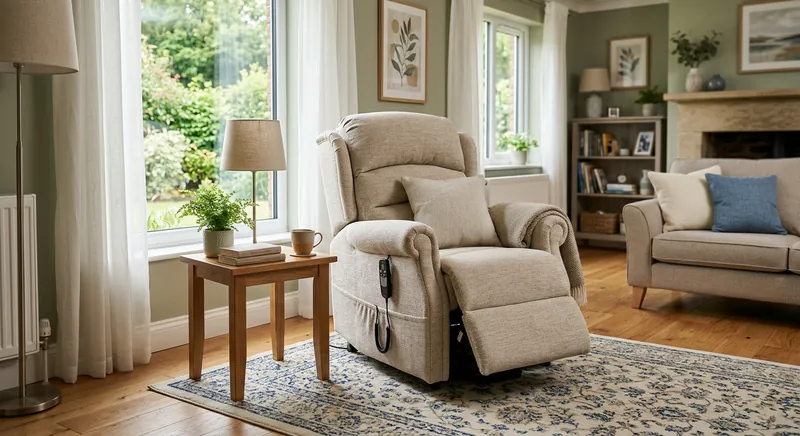 Power lift chair recliner in a living room with the seat raised to assist standing