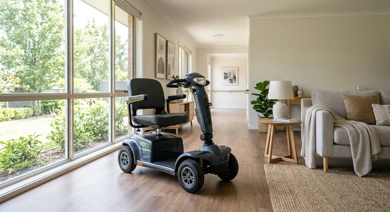 Mid-size mobility scooter parked on a smooth sidewalk near a residential entrance