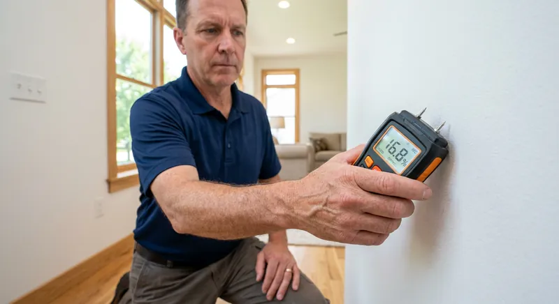 Pin-type moisture meter being used on a wall surface