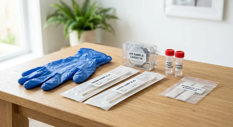 Mold test kit with petri dish on a surface