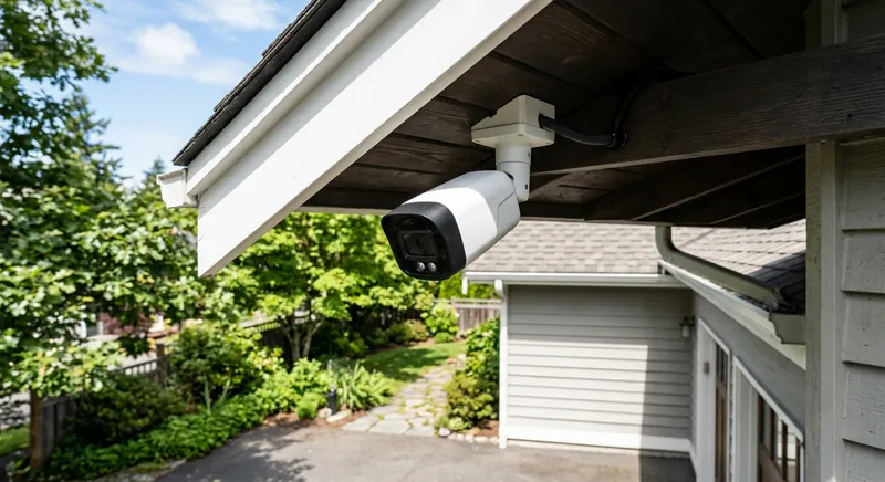 Outdoor security camera mounted on the exterior wall of a house