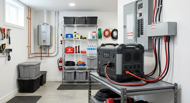 Battery power station on a desk with devices plugged in during a power outage