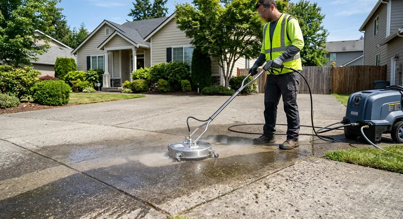 Homeowner operating an electric pressure washer to clean an outdoor concrete patio
