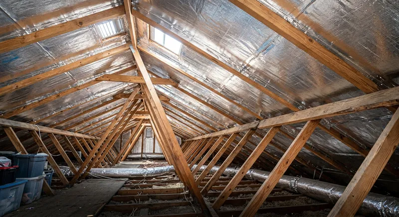 Radiant barrier foil installed under attic roof rafters