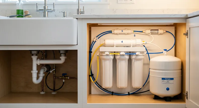 Reverse osmosis water filtration system with storage tank under a kitchen sink