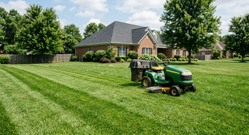 Riding lawn mower cutting grass on a large open residential lawn