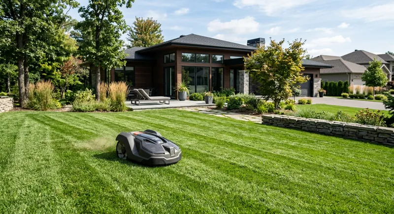 Robot lawn mower operating autonomously on a residential front lawn