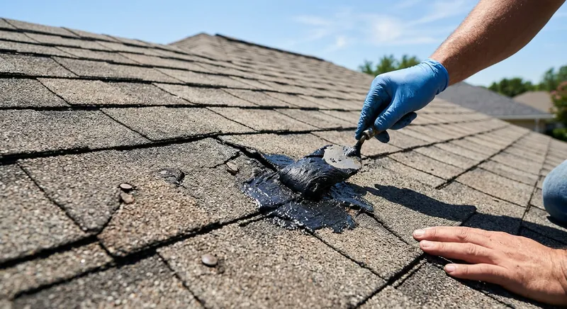 Roof patch compound being applied to a leaking roof area