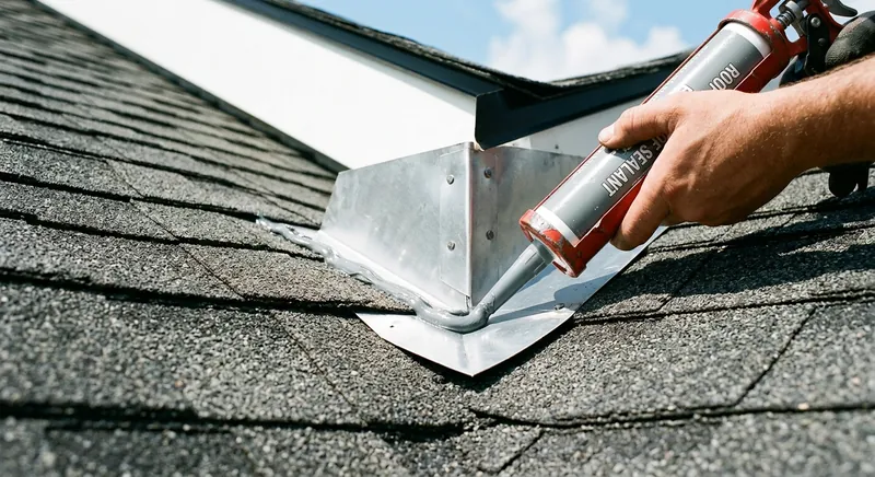 Professional applying elastomeric roof sealant to flashing and seams