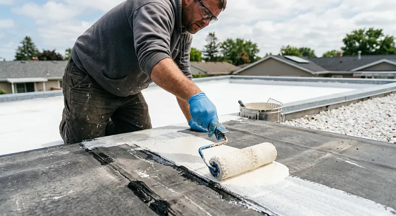 Technician applying black liquid EPDM rubber roof coating to commercial membrane seams