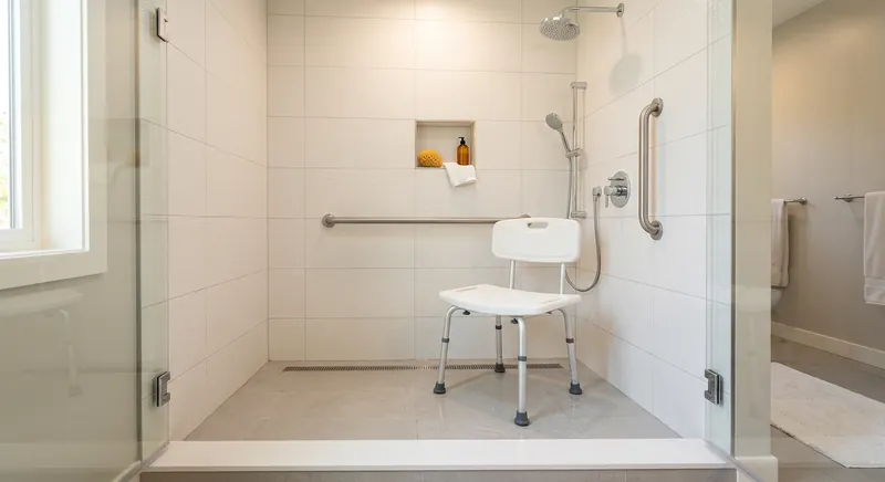 Adjustable shower chair with backrest and armrests positioned inside a walk-in shower
