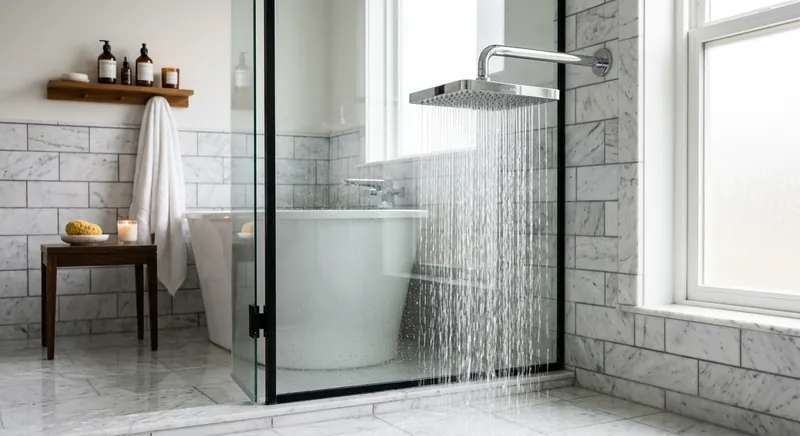 Handheld shower head mounted on a wall bracket in a modern bathroom