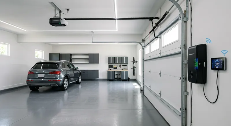 Smart garage door opener motor unit mounted on the ceiling of a residential garage