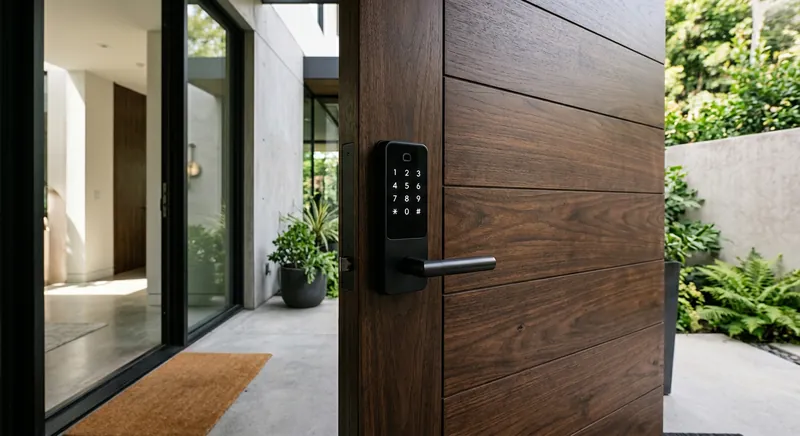 Smart lock with keypad installed on a residential front door