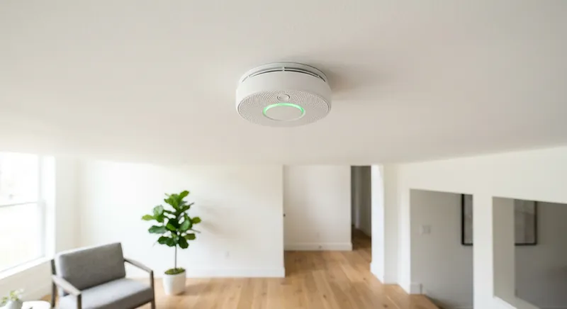 Smart smoke detector mounted on a ceiling in a residential hallway