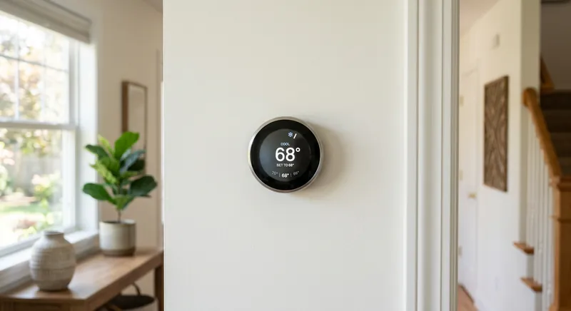 Smart thermostat mounted on a living room wall displaying temperature