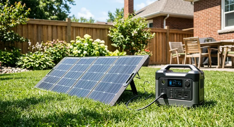 Portable solar generator with solar panel charging outdoors on a sunny day